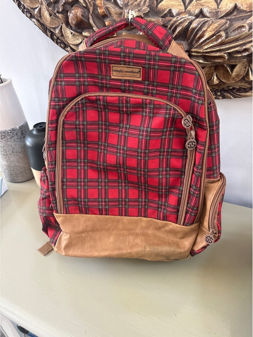 Simply Southern Red Plaid Backpack with Faux Leather Book bag